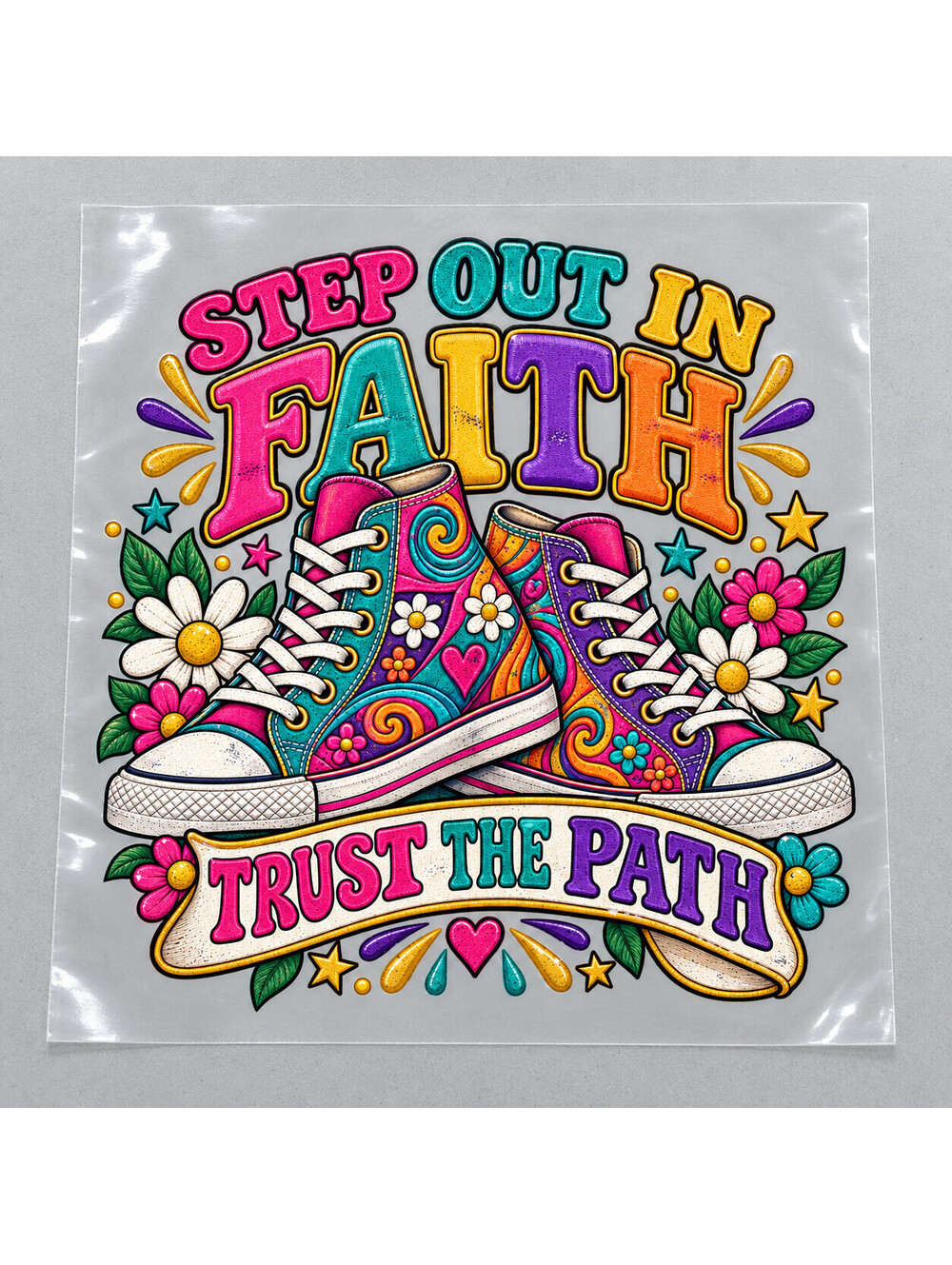 4 Pack Step Out in Faith DTF Heat Transfers Colorful Sneakers 10 Inch
